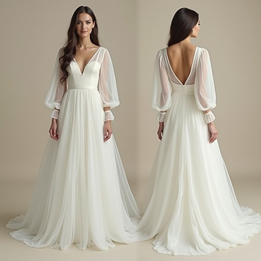 Elegant A-line wedding dress with sheer bishop sleeves, deep V-neck, and open back—perfect for a romantic and modern bride.