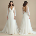 Elegant A-line wedding dress with sheer bishop sleeves, soft V-neckline, embellished waistband, open back, and flowing chiffon skirt—perfect for brides seeking a timeless and sophisticated bridal look.