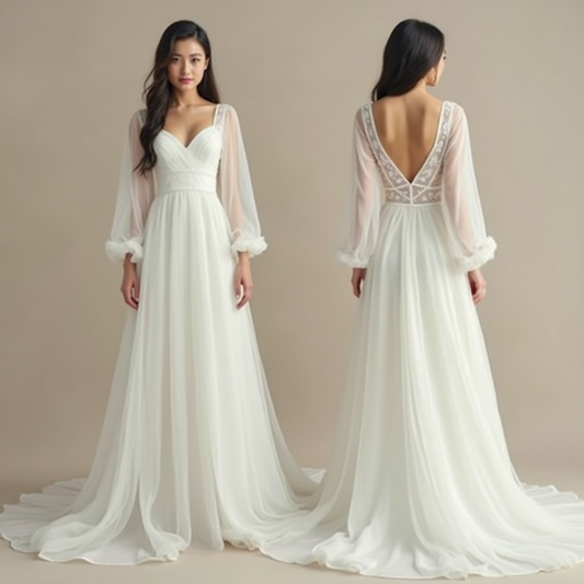 Ethereal A-line wedding dress with sheer bishop sleeves, a sweetheart neckline, lace detailing, and a flowing chiffon skirt—perfect for a romantic bride.