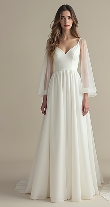 Romantic A-line wedding dress with sheer bell sleeves, a deep V-neckline, crisscross open back, and flowing chiffon skirt—ideal for a modern yet timeless bridal look.