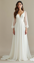 Elegant A-line wedding dress with sheer bishop sleeves, deep V-neckline, and a flowing chiffon skirt—perfect for a romantic and modern bride.