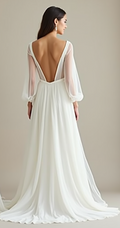 Elegant A-line wedding dress with sheer bishop sleeves, deep V-neckline, and a flowing chiffon skirt—perfect for a romantic and modern bride.