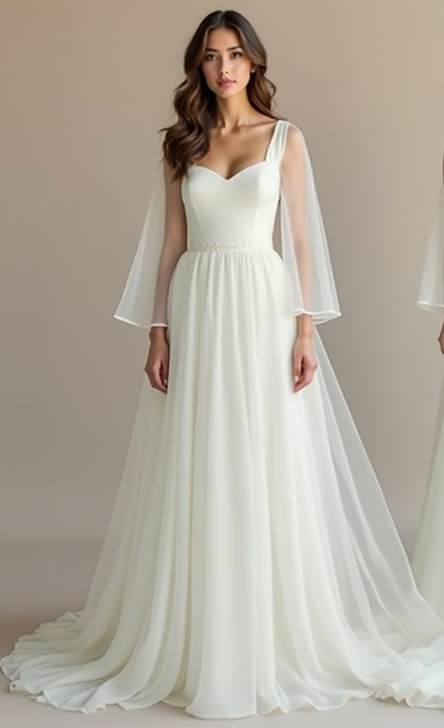 Elegant A-line wedding dress with sheer cape sleeves, a sweetheart neckline, and a flowing chiffon skirt—perfect for a modern and romantic bride.