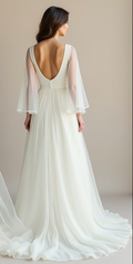 Elegant A-line wedding dress with sheer cape sleeves, a sweetheart neckline, and a flowing chiffon skirt—perfect for a modern and romantic bride.
