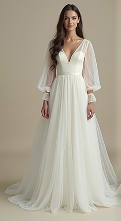 Elegant A-line wedding dress with sheer bishop sleeves, deep V-neck, and open back—perfect for a romantic and modern bride.