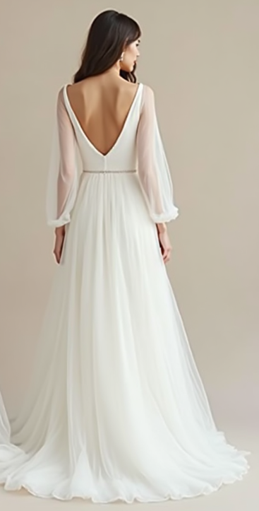 Romantic A-line wedding dress with sheer chiffon sleeves, soft V-neck, and open-back design—perfect for a modern and timeless bridal look.