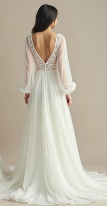 Ethereal A-line wedding dress with sheer bishop sleeves, a sweetheart neckline, lace detailing, and a flowing chiffon skirt—perfect for a romantic bride.