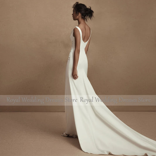Wedding Dress Simple White Satin Pleat Engagement Straight Square Neck Long Dresses Elegant Party Dresses Woman Formal Dress