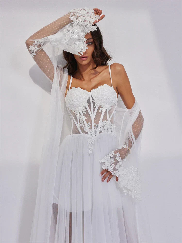 Tulle appliques sequined elegant beading bridal shower night gown back view