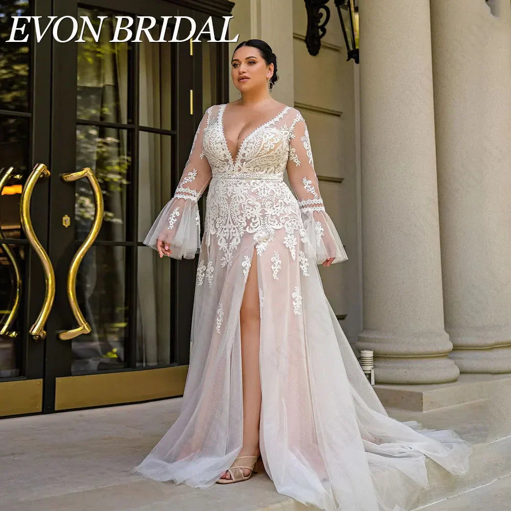 EVON BRIDAL Boho Plus Size Wedding Dress Long Sleeves Illusion Back Applique A-Line Bride Gowns See Through Vestido De Novia Pink CHINA