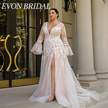 EVON BRIDAL Boho Plus Size Wedding Dress Long Sleeves Illusion Back Applique A-Line Bride Gowns See Through Vestido De Novia Pink CHINA