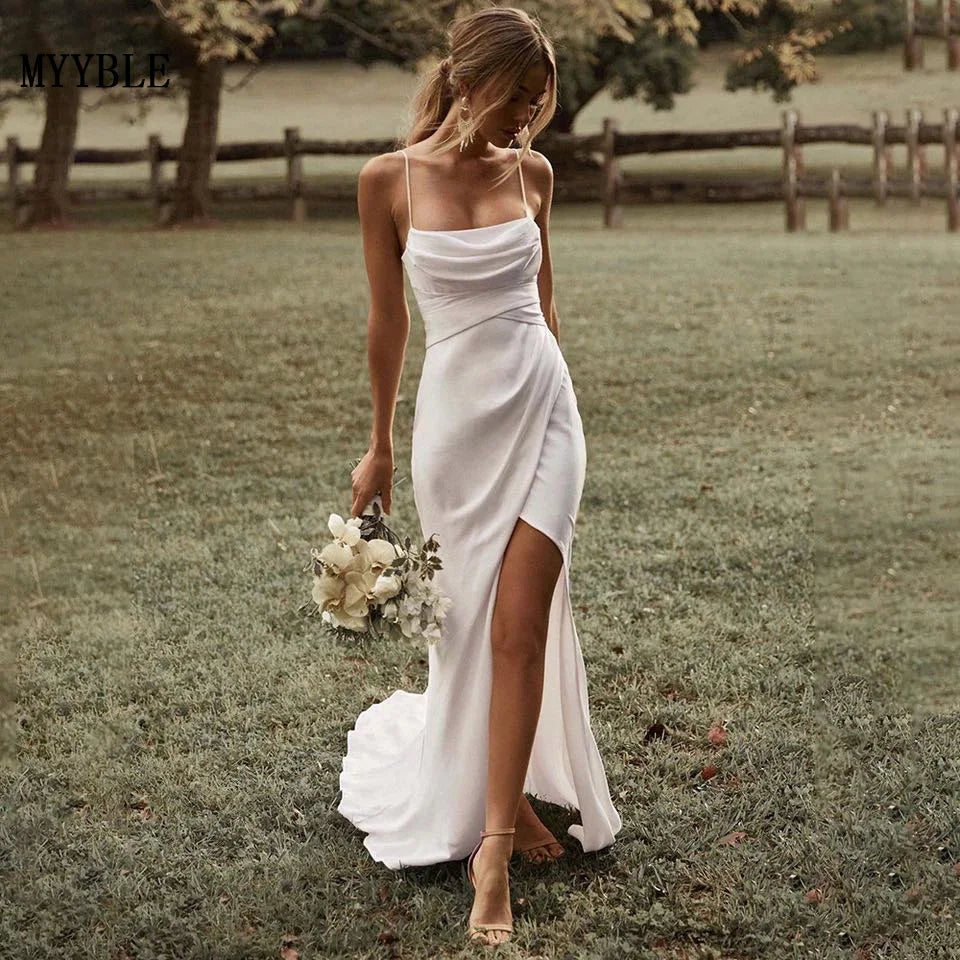 Sexy Wedding Dress Civil Bridal Dress Elegant High Slit Backless Simple Long Bride Gowns Vestidos De Noiva Customized
