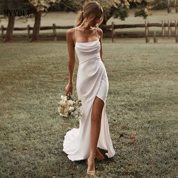 Sexy Wedding Dress Civil Bridal Dress Elegant High Slit Backless Simple Long Bride Gowns Vestidos De Noiva Customized