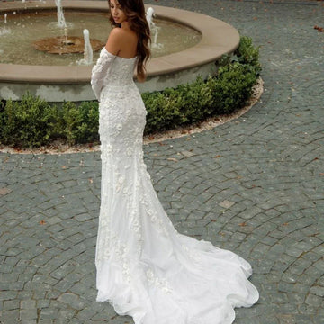 Sexy strapless lace mermaid tulle detachable sleeves backless 3D applique bridal gown front view