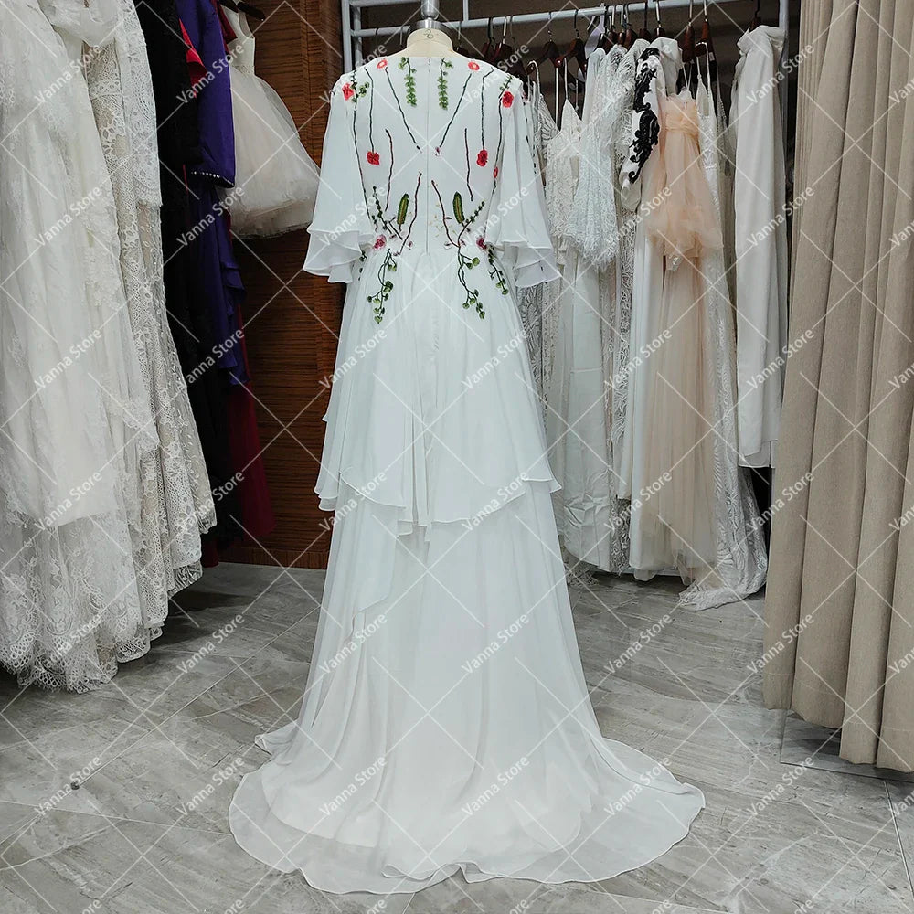 Half Flare Sleeves Embroidered Lace Garden Maxi Alternative Wedding Gown Customized A Line V Neck Chiffon Blossom Evening Dress