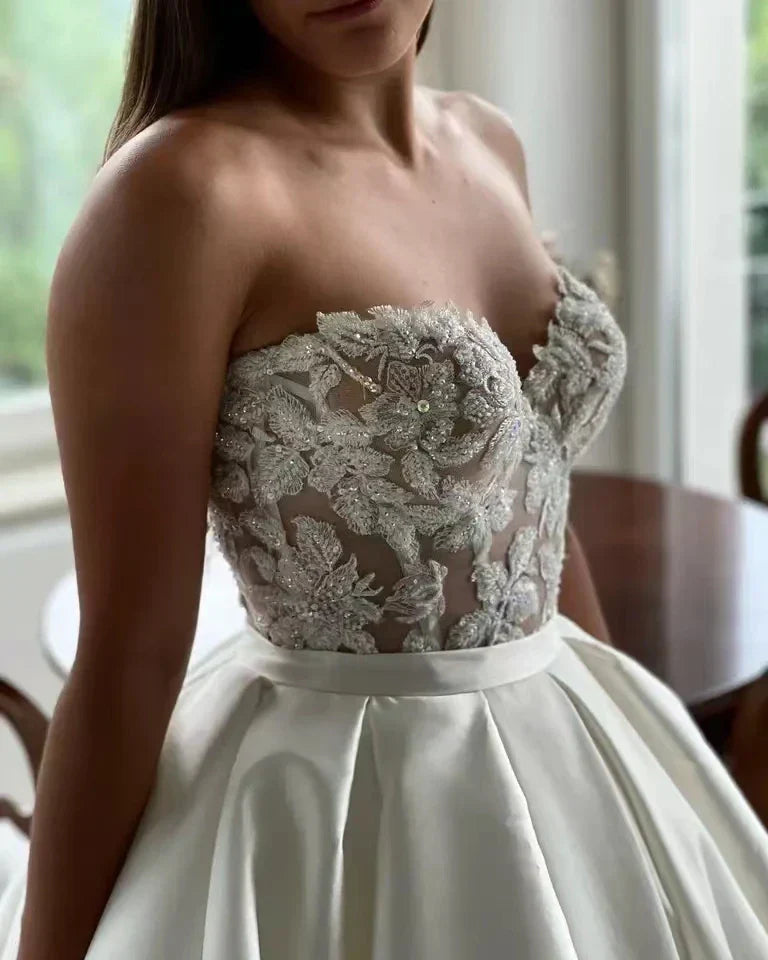 Ball gown sweetheart satin sleeveless beads crystal lace bridal gown front view