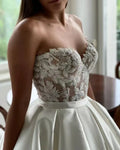 Ball gown sweetheart satin sleeveless beads crystal lace bridal gown front view