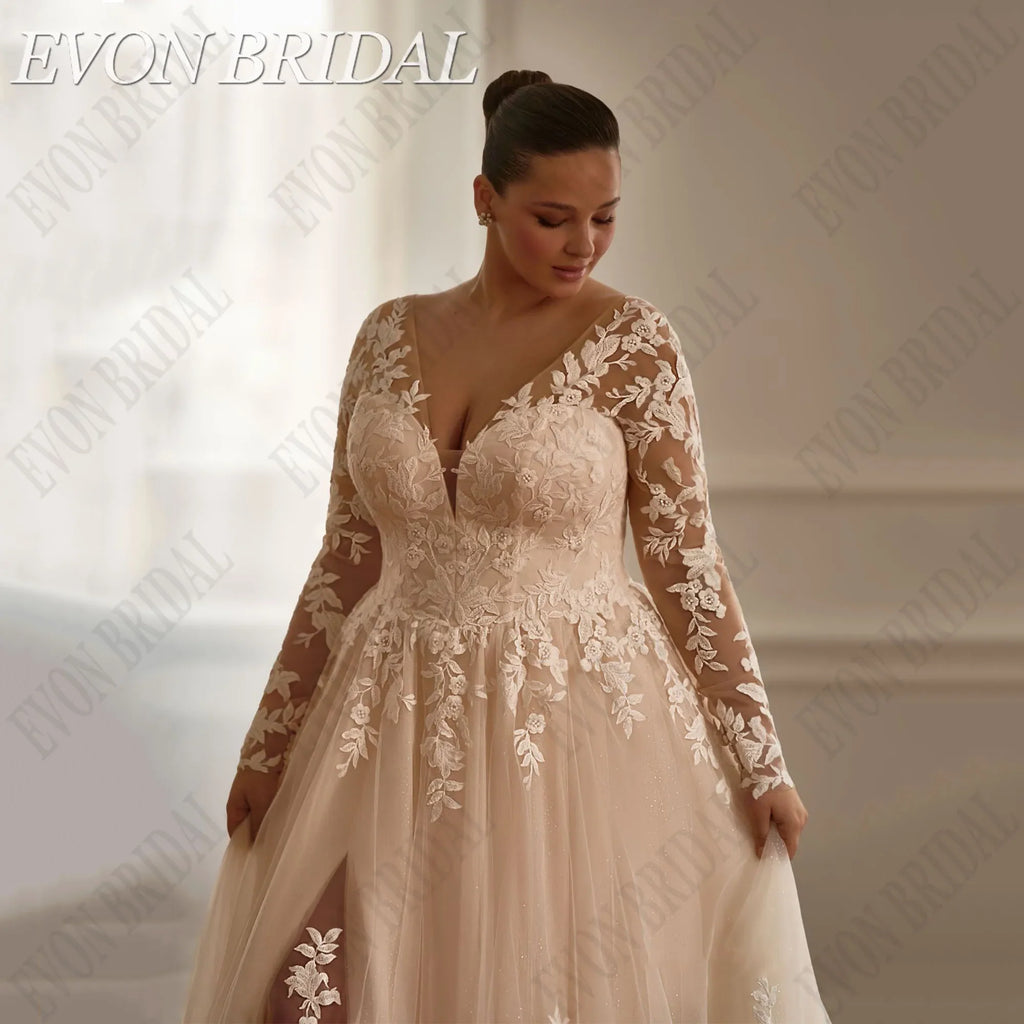 EVON BRIDAL Customized V-Neck Plus Size Wedding Dresses Full Sleeve A-Line Tulle Vestidos De Novia  Applique Long Bride Gowns