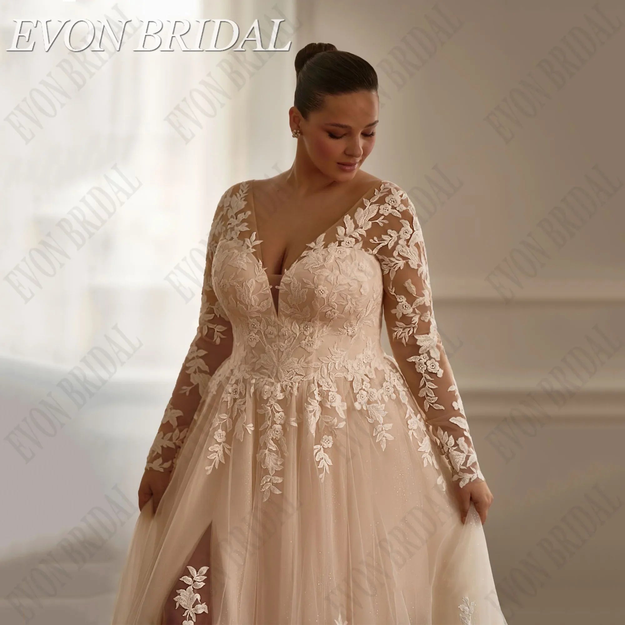 EVON BRIDAL Customized V-Neck Plus Size Wedding Dresses Full Sleeve A-Line Tulle Vestidos De Novia  Applique Long Bride Gowns