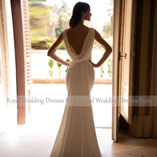 Simple Lvory Wedding Dress Satin Draped Elegant Party Dresses Woman Straight Scoop Neck Long Dresses 2024 Bride Gowns for Women