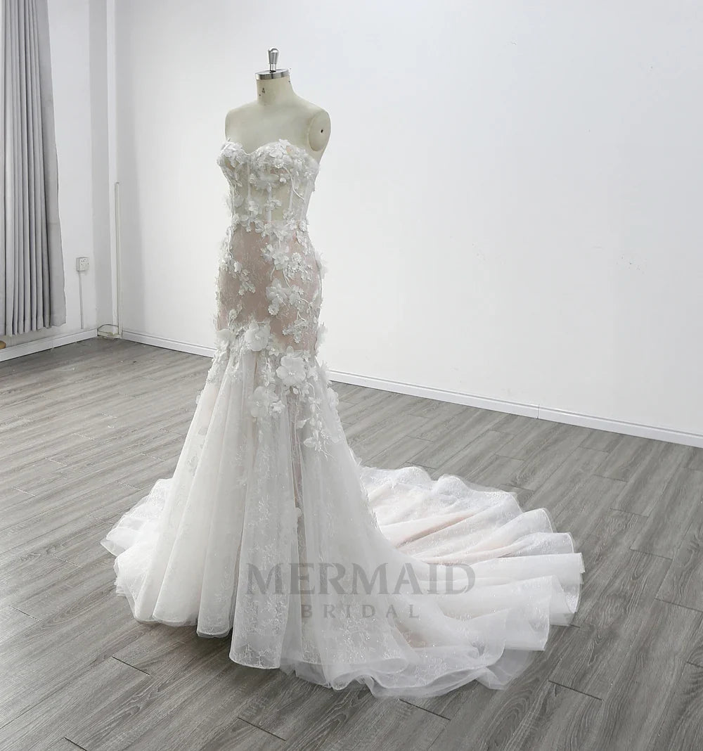 Sweetheart Court Train  3d Lace Mermaid Wedding Dress