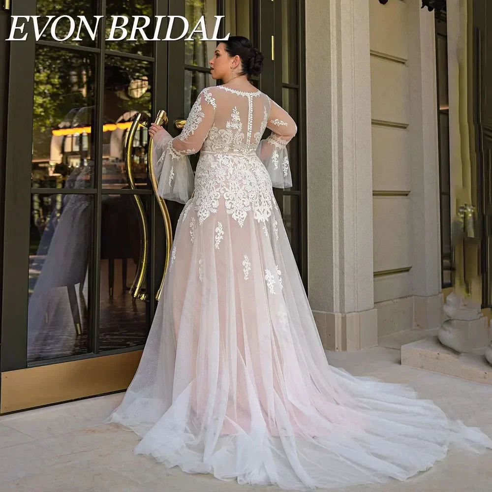 EVON BRIDAL Boho Plus Size Wedding Dress Long Sleeves Illusion Back Applique A-Line Bride Gowns See Through Vestido De Novia