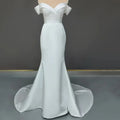 Custom made V-neck elegant backless off-shoulder sweep train mermaid wedding dress bridal gown back view