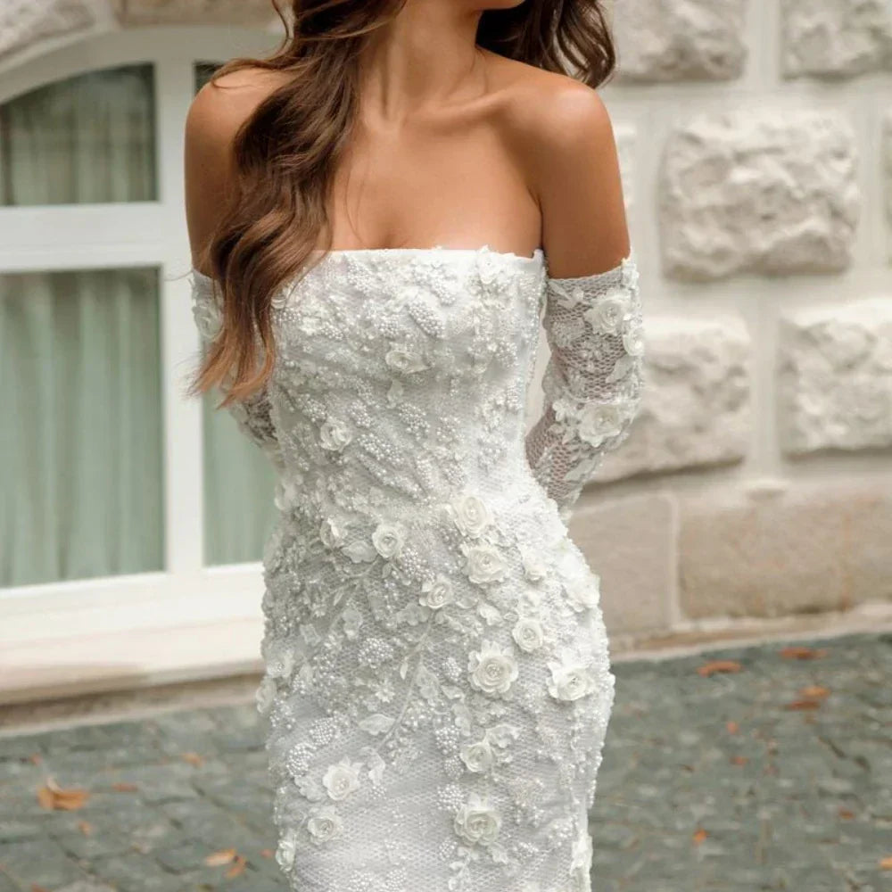 Strapless lace mermaid tulle sexy 3D applique detachable sleeves backless bridal gown side view