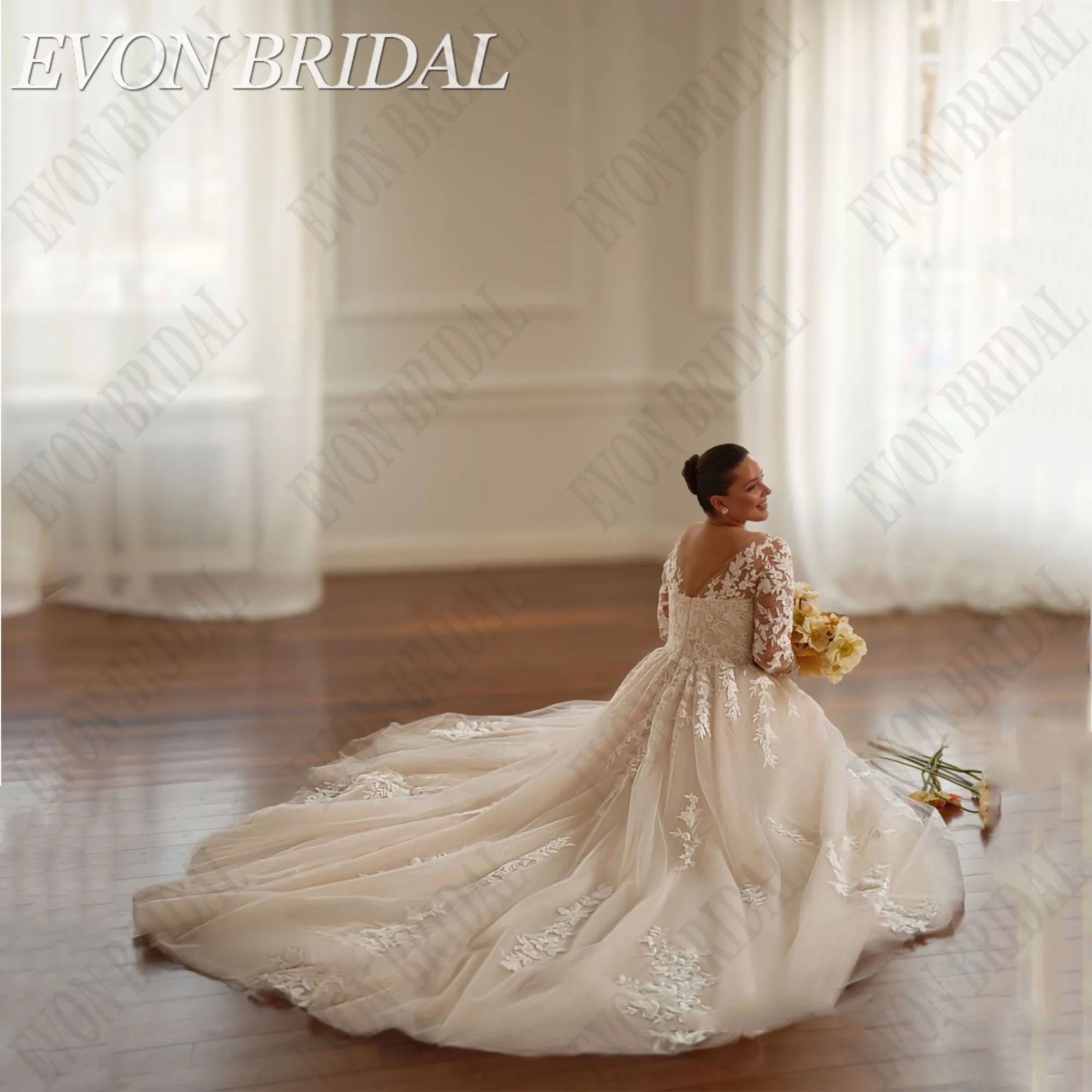 EVON BRIDAL Customized V-Neck Plus Size Wedding Dresses Full Sleeve A-Line Tulle Vestidos De Novia  Applique Long Bride Gowns