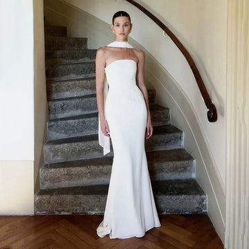 Customized Modern Wedding Dress Elegant Crepe Sleeveless A-line Brides Wedding Reception Gown Long Ribbon Back Bridal Dress