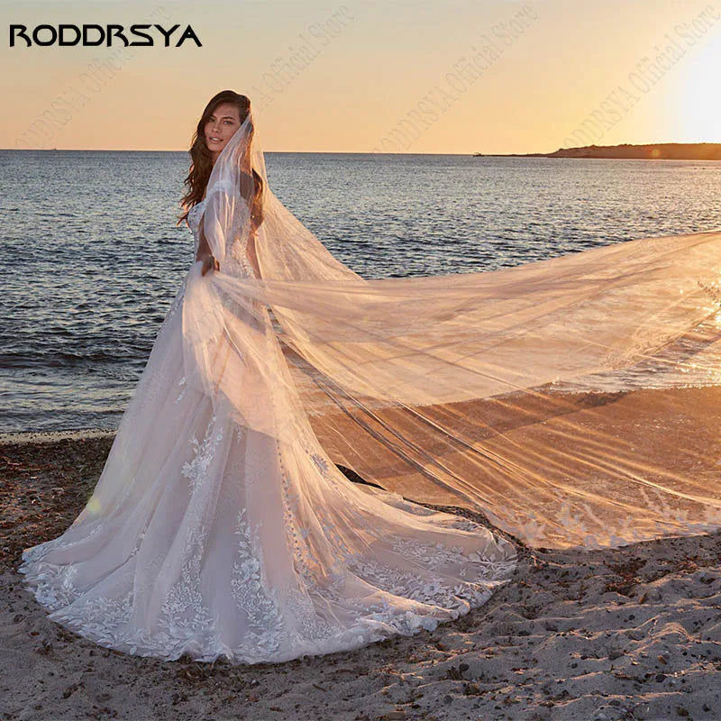 RODDRSYA Appliques Off Shoulder Wedding Dresses A-line Tulle Sweep Train Beach Bridal Gowns Back Buttons vestidos de novia playa