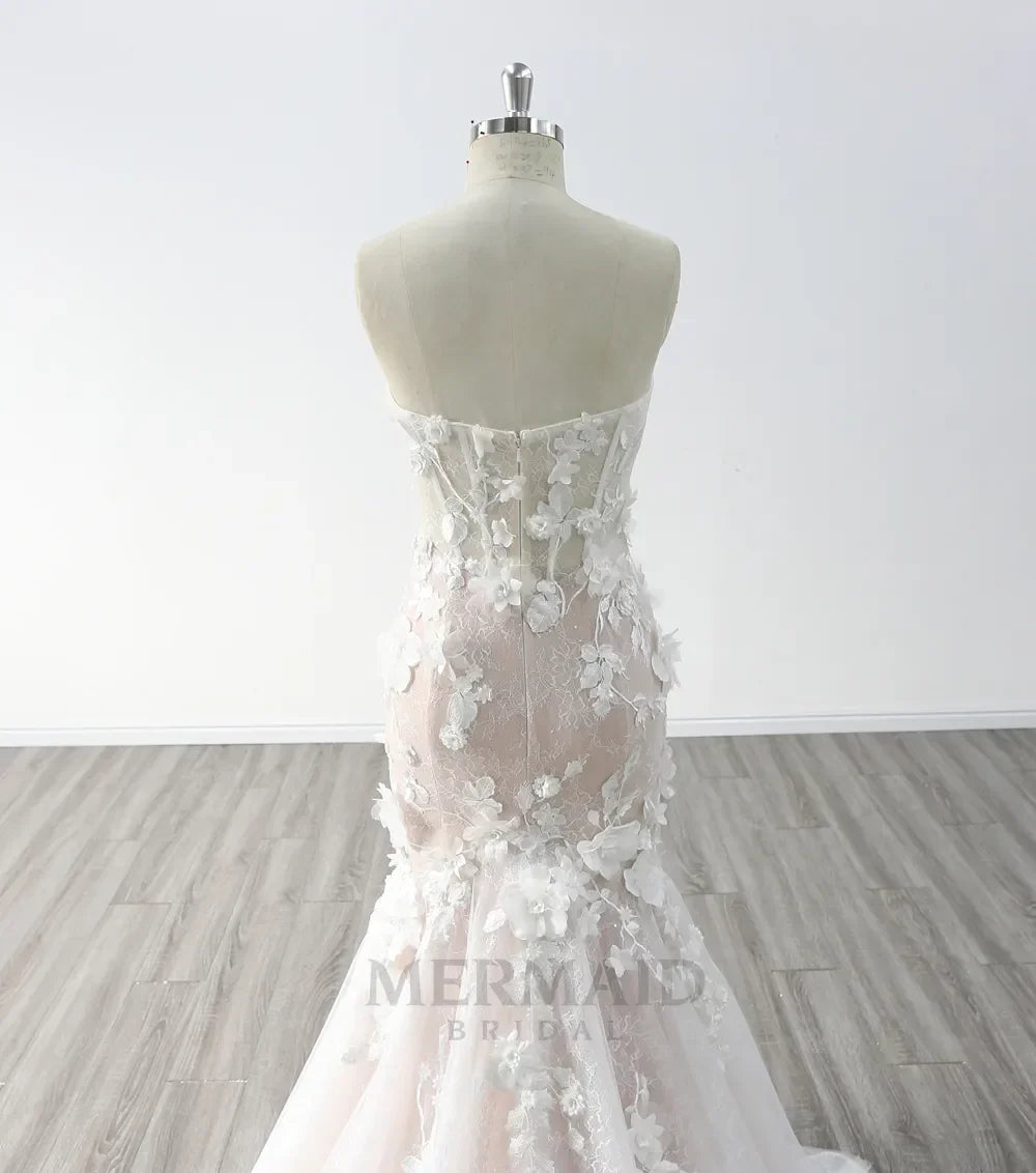 Sweetheart Court Train  3d Lace Mermaid Wedding Dress