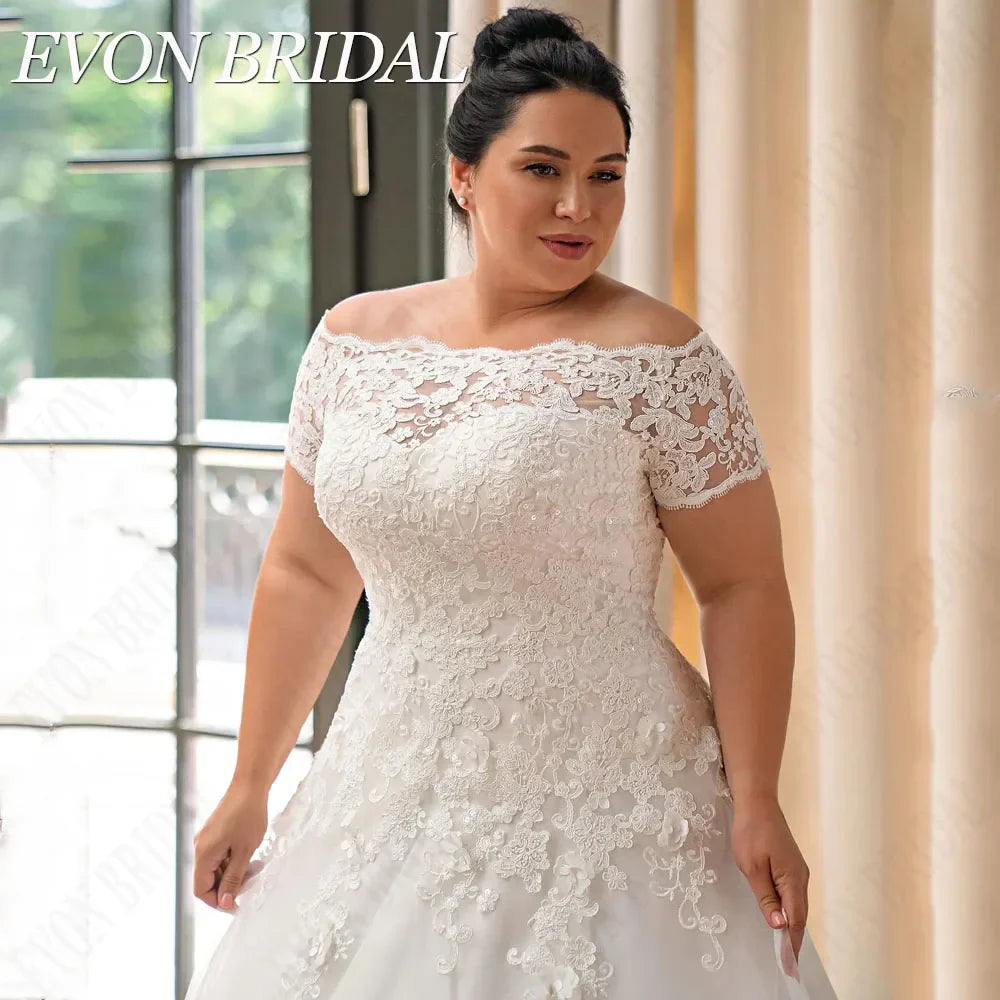 EVON BRIDAL Exquisite Plus Size Wedding Dresses Big Women Bride Dress Off The Shoulder Applique Button A-Line Bridal Gowns