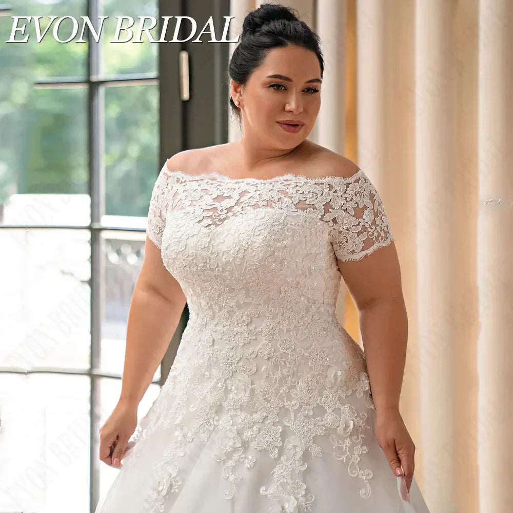 EVON BRIDAL Exquisite Plus Size Wedding Dresses Big Women Bride Dress Off The Shoulder Applique Button A-Line Bridal Gowns