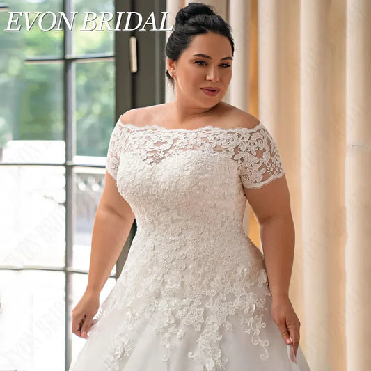 EVON BRIDAL Exquisite Plus Size Wedding Dresses Big Women Bride Dress Off The Shoulder Applique Button A-Line Bridal Gowns