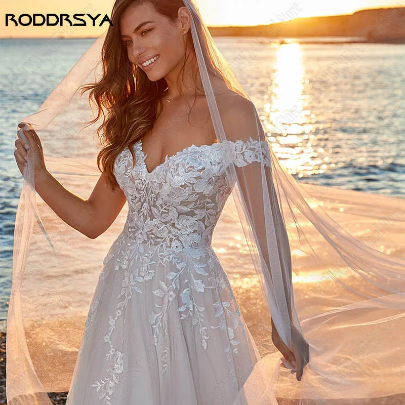 RODDRSYA Appliques Off Shoulder Wedding Dresses A-line Tulle Sweep Train Beach Bridal Gowns Back Buttons vestidos de novia playa