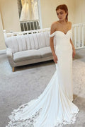 Elegant mermaid satin off-shoulder beach prom lace sweep train bridal gown front view