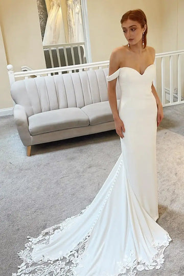 Elegant mermaid satin off-shoulder beach prom lace sweep train bridal gown front view