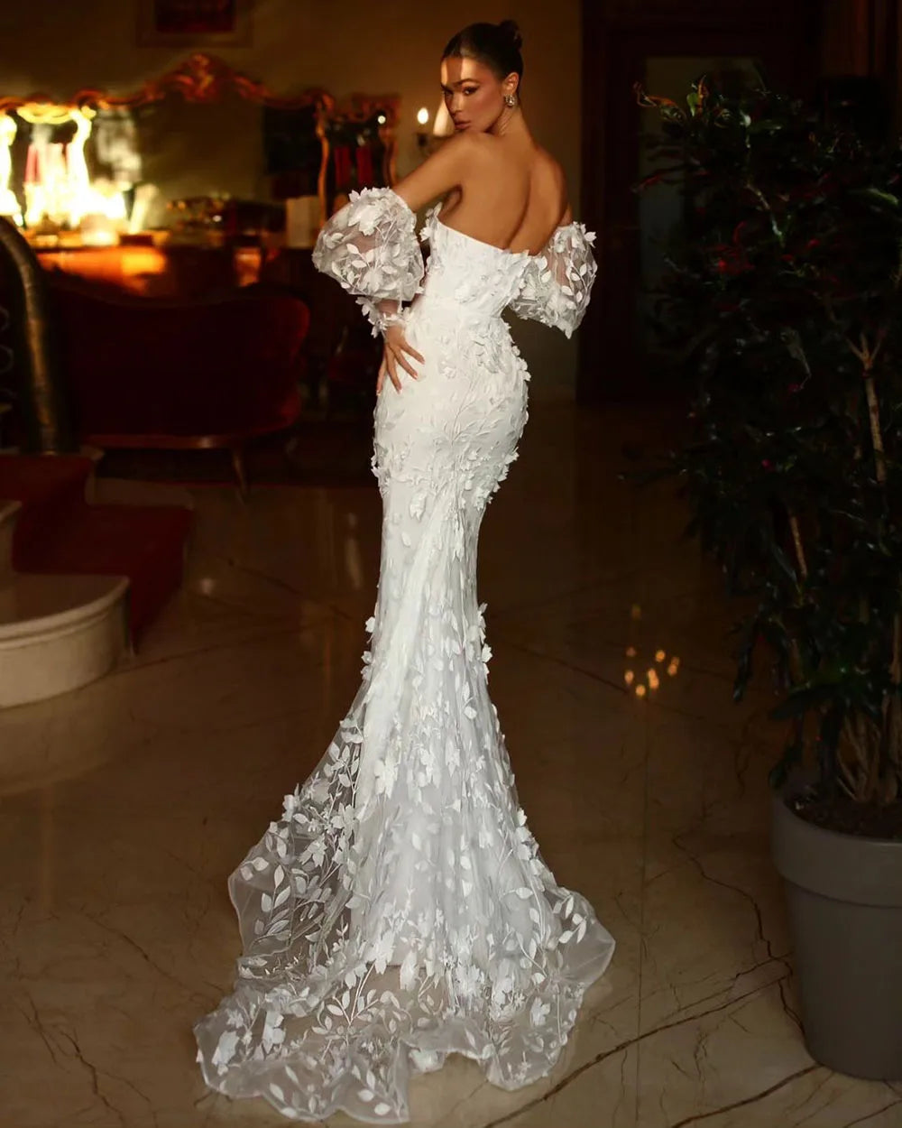 3D Flower Exquisite Mermaid Wedding Dresses Strapless Detachable Puff Sleeves Bride Dress Vintage Wedding Gowns