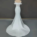 Backless sweep train V-neck custom elegant mermaid off-shoulder wedding dress bridal gown detail