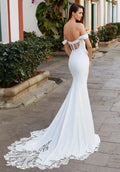 Beach prom lace satin mermaid off-shoulder elegant sweep train bridal gown close-up