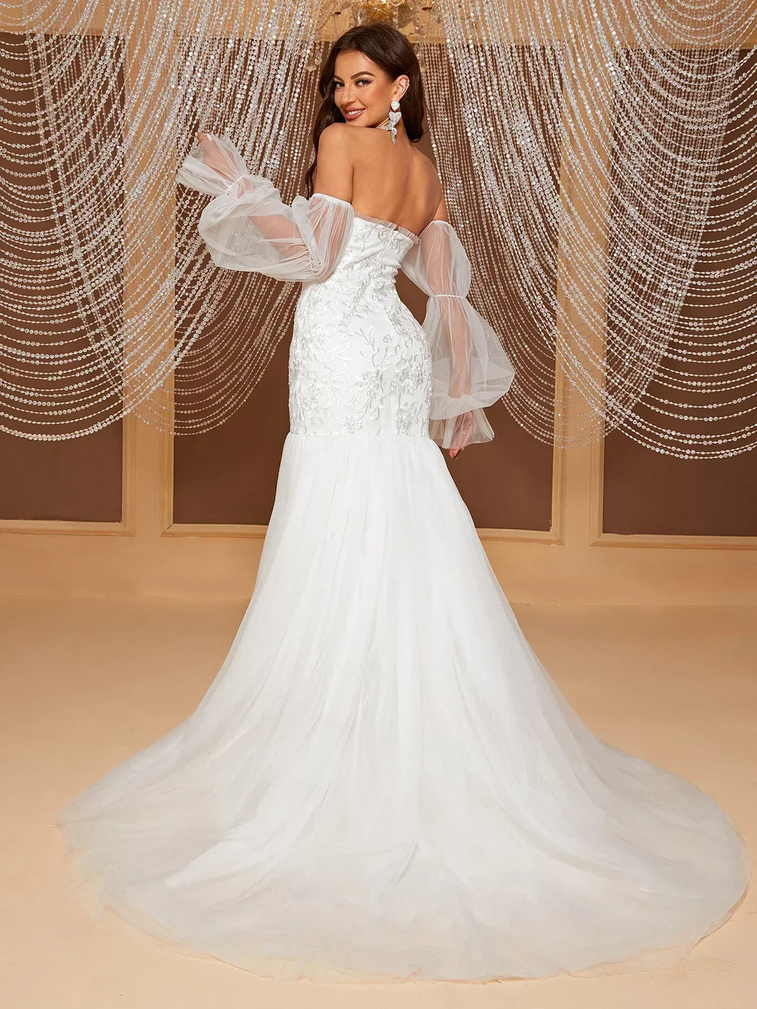 YISIKADO & Giffniseti Women's Off Shoulder Embroidery Mesh Flare Sleeve Mermaid Hem Wedding Dress
