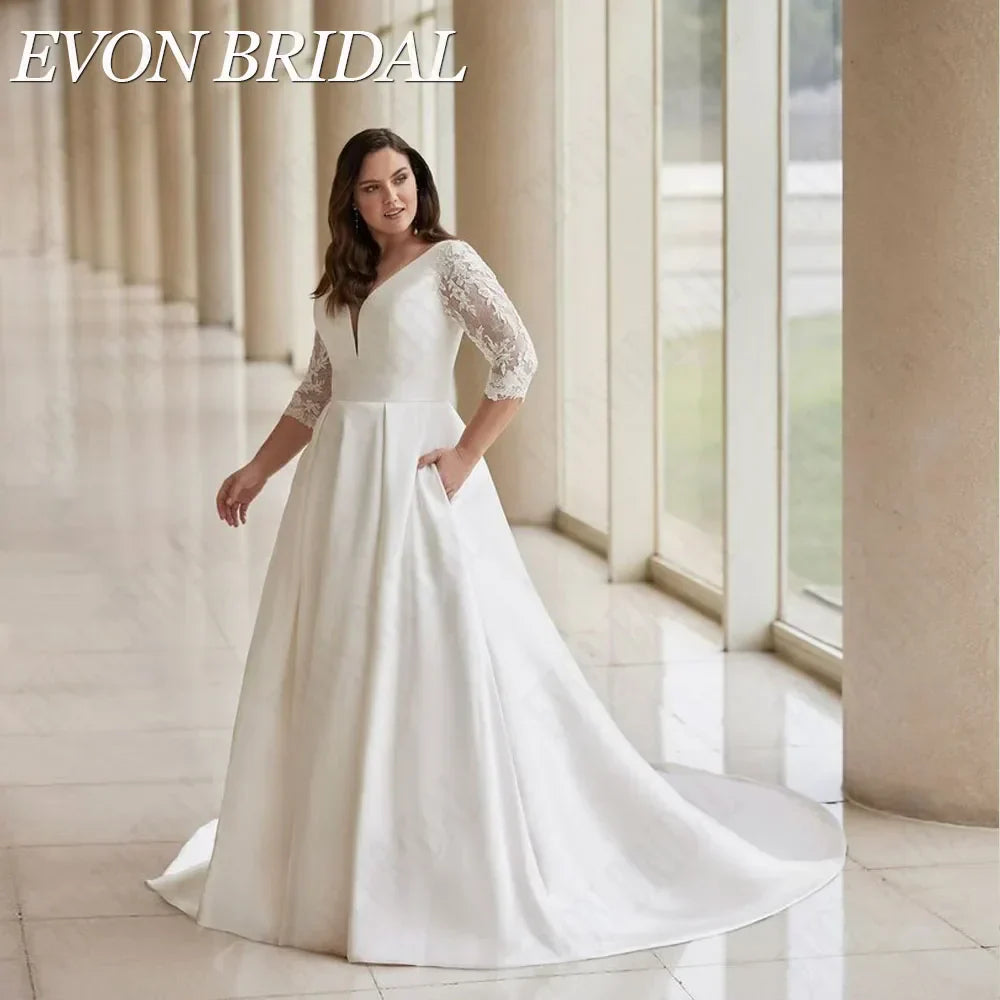 EVON BRIDAL Lace V-Neck Wedding Dress Plus Size For Big Woman 3/4 Sleeves Bride Party Gowns Satin A-Line Elegant Robe De Mariée