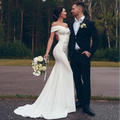 Off-the-shoulder backless V-neck custom made sweep train elegant mermaid wedding dress bridal gown ivory