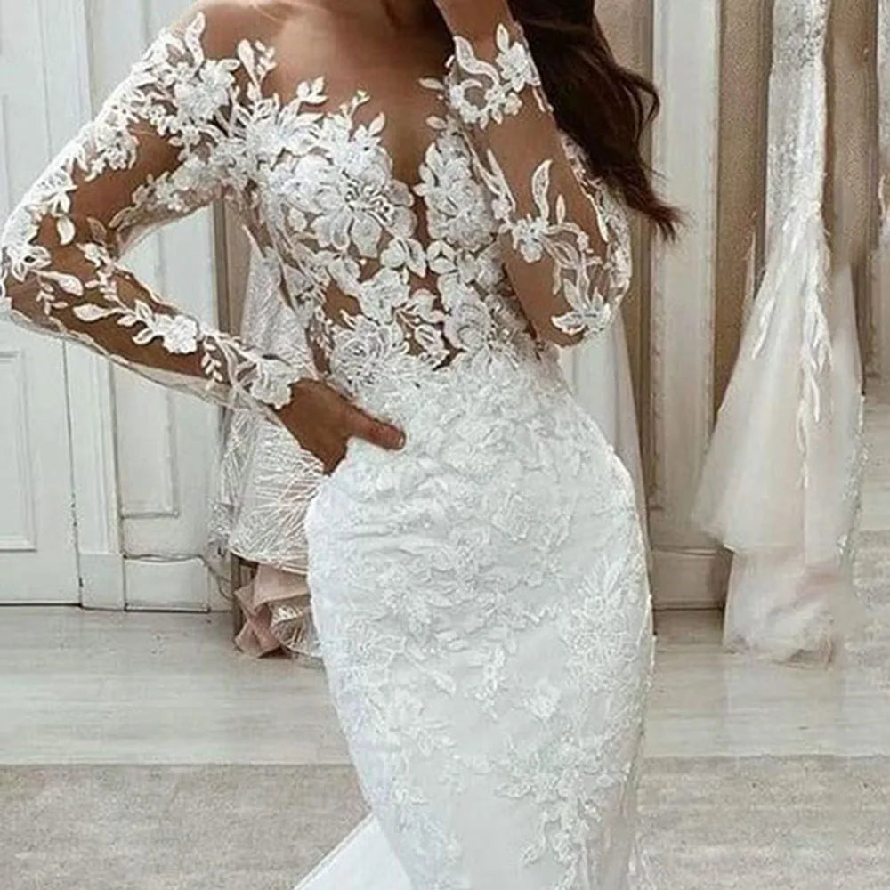 Lace Wedding Dresses V-Neck Sexy Mermaid Bride Gowns Long Sleeves Exquisite Applique Wedding Dress - Image 2