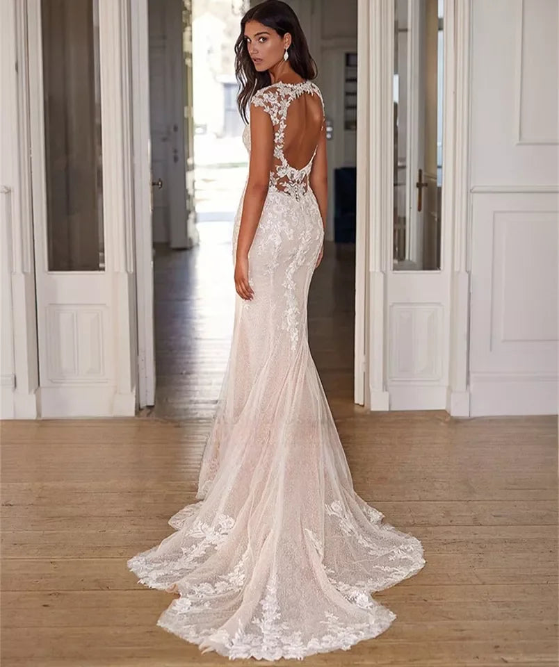 V-neck Mermaid Wedding Dresses for Women Cap Sleeves Button Lace Appliques Backless Tulle Bridal Gown Robe De Mariee for Brides