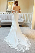 Satin mermaid off-shoulder elegant beach lace sweep train prom bridal gown back view