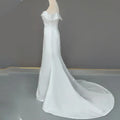 Elegant custom mermaid off-shoulder V-neck sweep train backless wedding dress bridal gown close-up