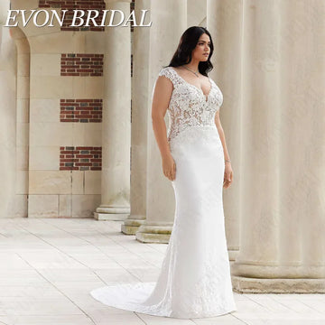 Plus Size Wedding Dress for Big Women V-Neck Mermaid Applique Bridal Gown Button Cap Sleeves Vestido De Noiva