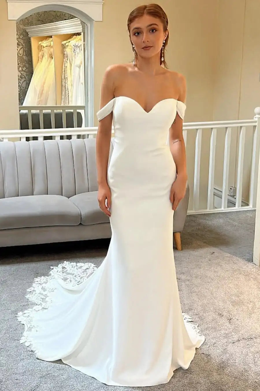 Elegant mermaid satin off-shoulder beach prom lace sweep train bridal gown front view